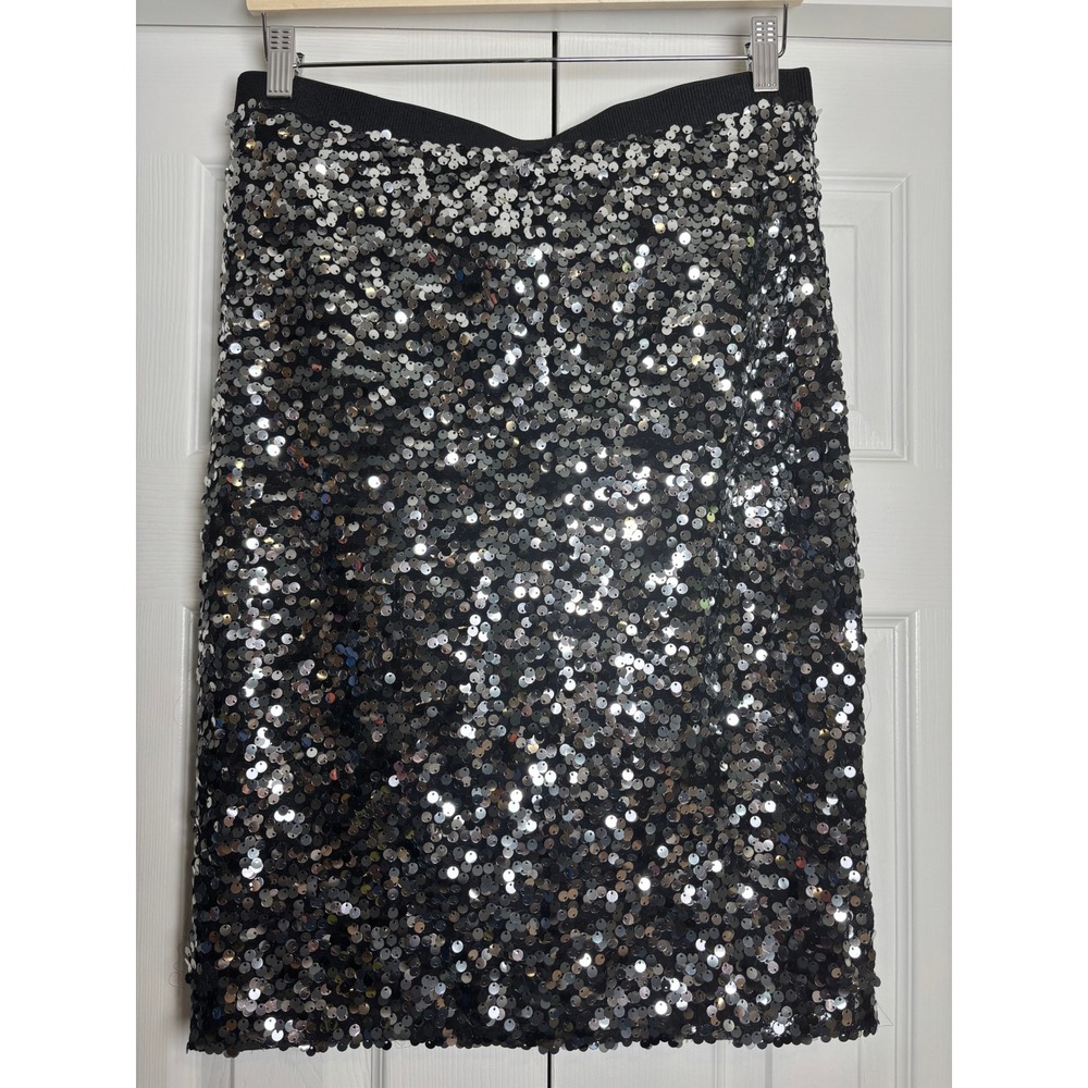 H&M Silver Sequin Pencil Skirt Black Elastic Waist Party Holiday Medium